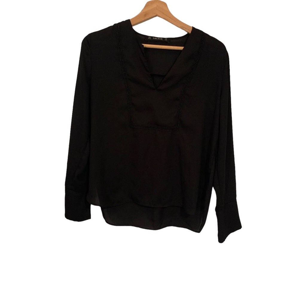 Zara Basic Black Long Sleeve Deep V Neck Blouse S… - image 1